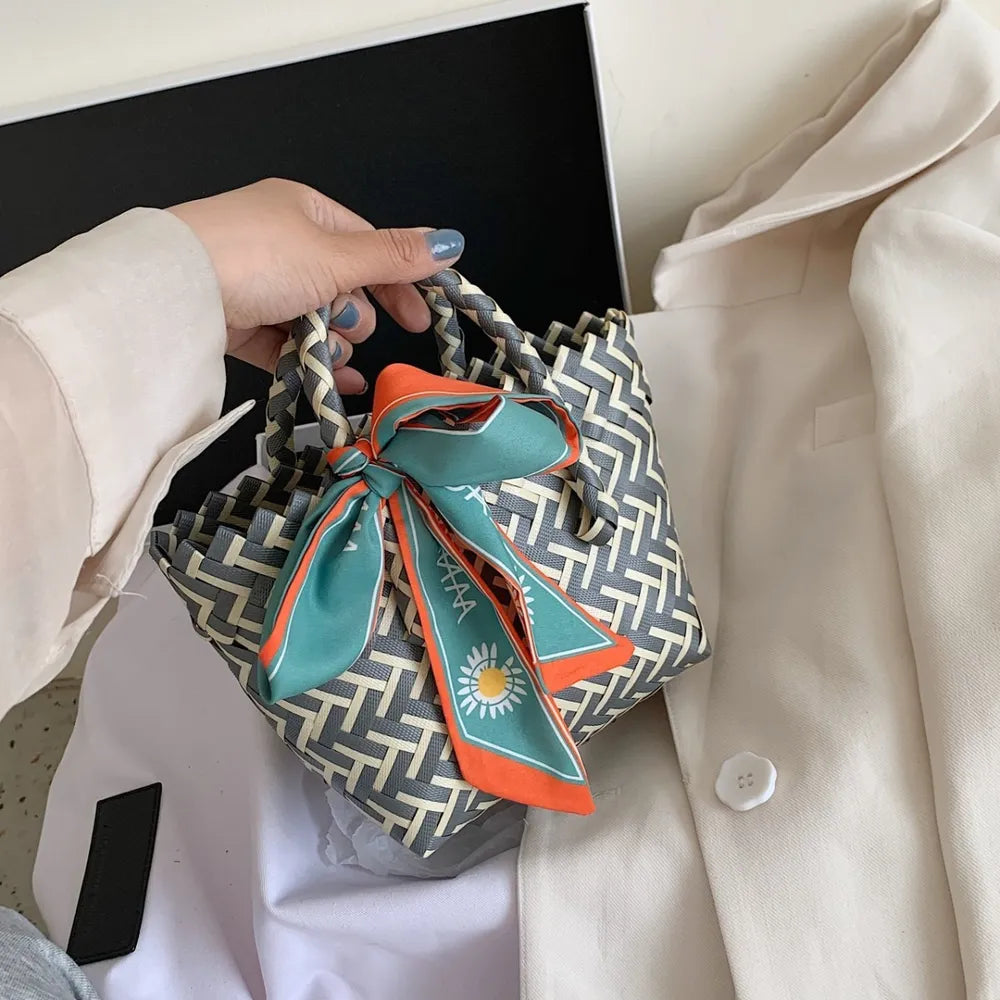 Contrast Woven Handbag with Ribbon - Premium Tote Bag from Trendsi - Just $39.99! Shop now at Handbags Specialist Headquarter