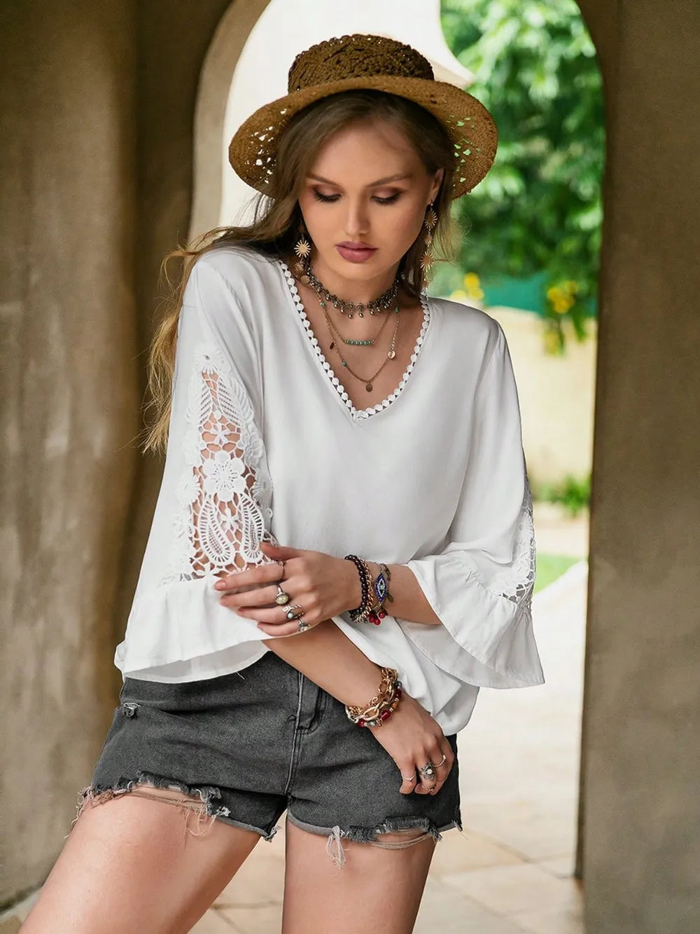 Plus Size Lace Detail V-Neck Three-Quarter Sleeve Blouse - Premium Plus Size Shirts from Trendsi - Just $22.50! Shop now at Handbags Specialist Headquarter