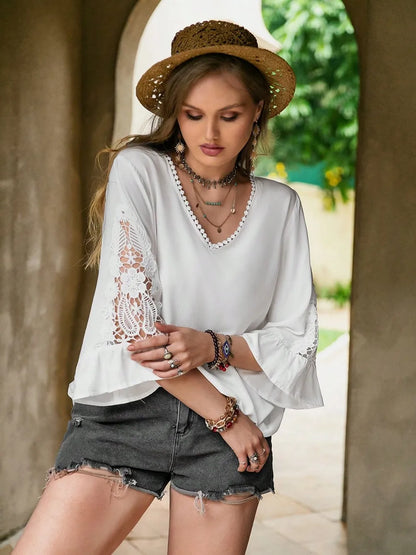 Plus Size Lace Detail V-Neck Three-Quarter Sleeve Blouse - Premium Plus Size Shirts from Trendsi - Just $22.50! Shop now at Handbags Specialist Headquarter