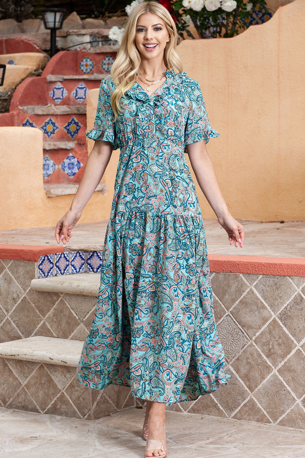 Paisley Print Flounce Sleeve Maxi Dress - Premium Maxi Dress from Trendsi - Just $56.99! Shop now at Handbags Specialist Headquarter