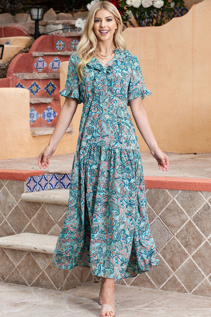Paisley Print Flounce Sleeve Maxi Dress - Premium Maxi Dress from Trendsi - Just $56.99! Shop now at Handbags Specialist Headquarter