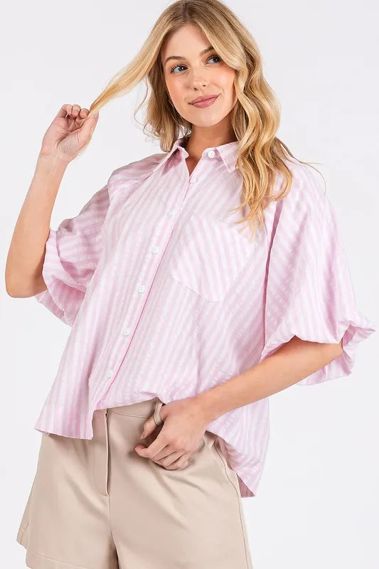 Mittoshop Button Down Striped Puff Sleeve Shirt - Premium Women's Down Shirt Tops from Trendsi - Just $39.18! Shop now at Handbags Specialist Headquarter