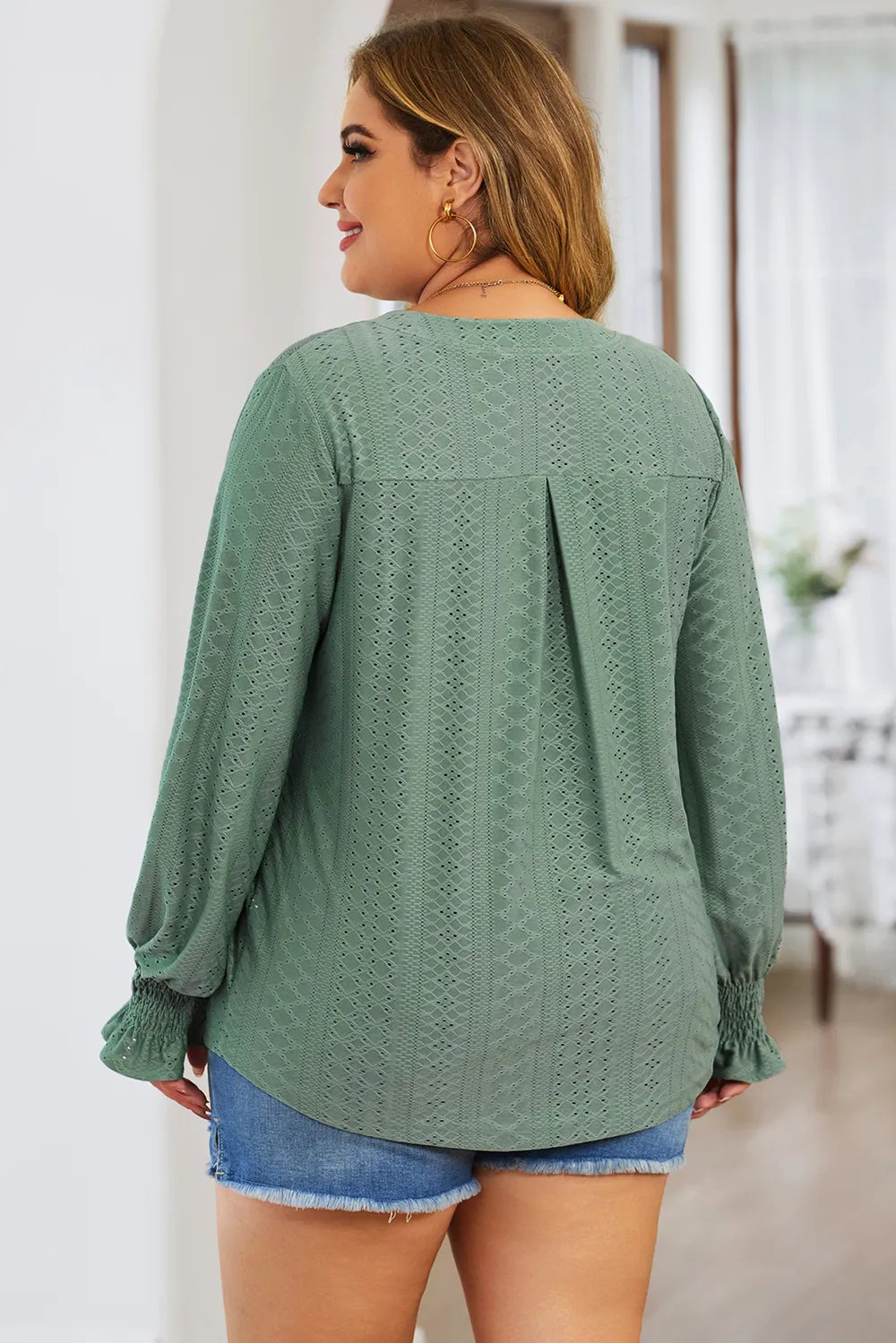 Plus Size Eyelet Notched Flounce Sleeve Blouse - Premium Plus Size Shirts from Trendsi - Just $27! Shop now at Handbags Specialist Headquarter