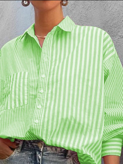 Striped Button Down Long Sleeve Shirt - Premium Women's Down Shirt Tops from Trendsi - Just $26.26! Shop now at Handbags Specialist Headquarter