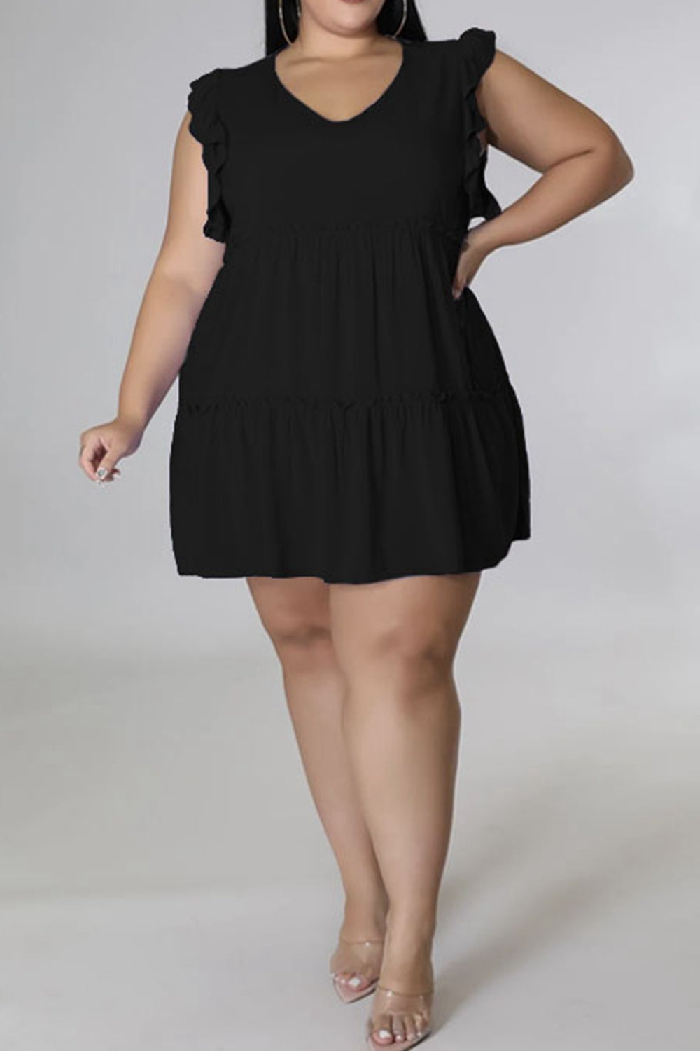 Plus Size V-Neck Frill Trim Mini Dress - Premium Dresses from Trendsi - Just $36.99! Shop now at Handbags Specialist Headquarter