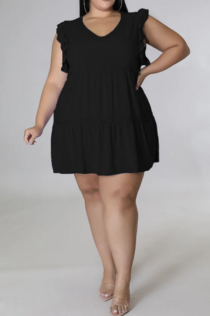 Plus Size V-Neck Frill Trim Mini Dress - Premium Dresses from Trendsi - Just $36.99! Shop now at Handbags Specialist Headquarter
