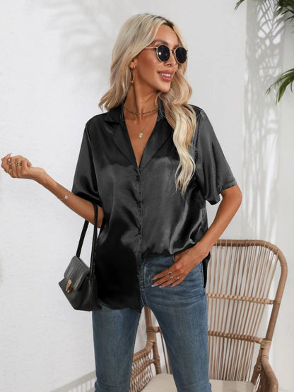 Button Down Short Sleeve Shirt - Premium Women's Down Shirt Tops from Trendsi - Just $19.48! Shop now at Handbags Specialist Headquarter