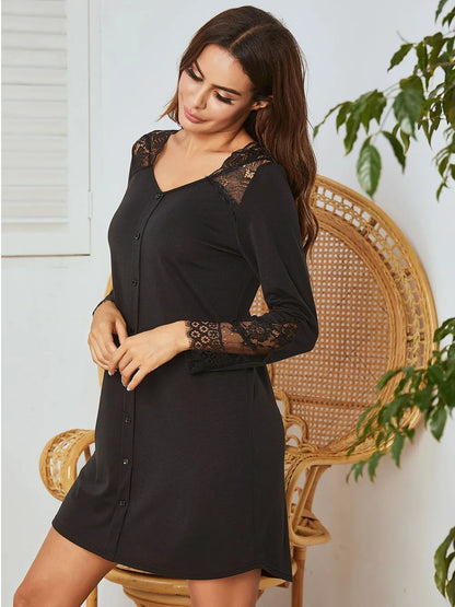 Lace Detail Long Sleeve Mini Lounge Dress - Premium Sleepwear from Trendsi - Just $28.72! Shop now at Handbags Specialist Headquarter