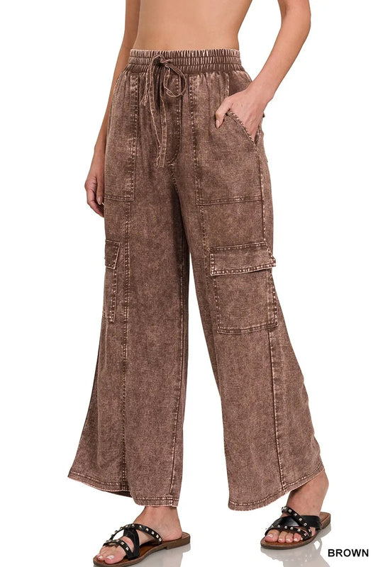 Zenana Washed Linen Elastic Band Waist Cargo Pants - Premium Women Pants from Trendsi - Just $42.99! Shop now at Handbags Specialist Headquarter