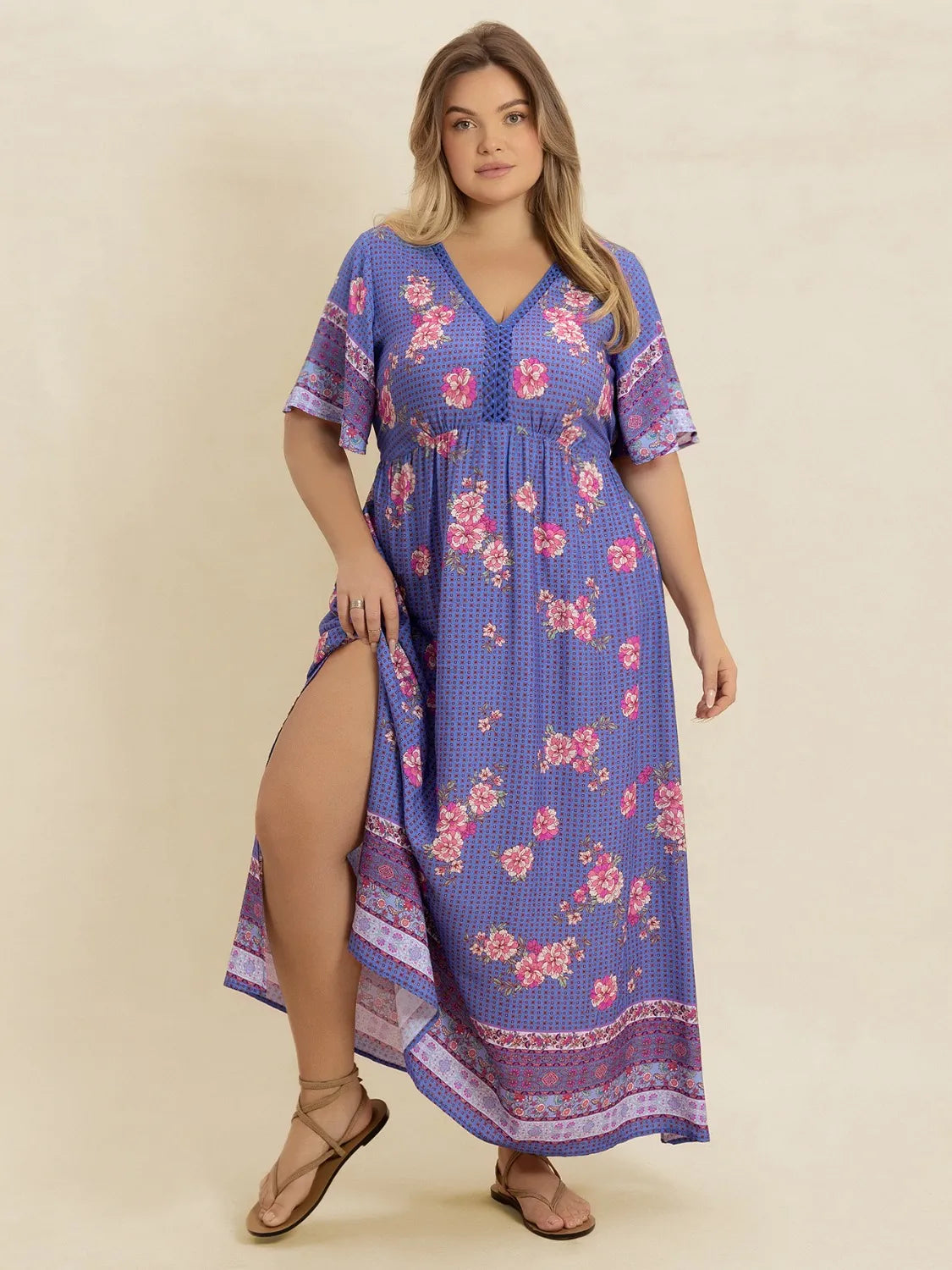 Plus Size Printed V-Neck Flutter Sleeve Dress - Premium Dresses from Trendsi - Just $38.99! Shop now at Handbags Specialist Headquarter