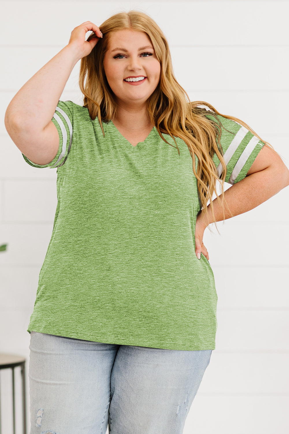 Plus Size Striped V-Neck Tee Shirt - Premium Plus Size Shirts from Trendsi - Just $26! Shop now at Handbags Specialist Headquarter