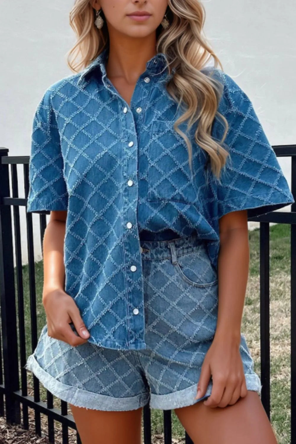 Pocketed Collared Neck Short Sleeve Denim Shirt - Premium Women / Jeans & Denim from Trendsi - Just $40.86! Shop now at Handbags Specialist Headquarter