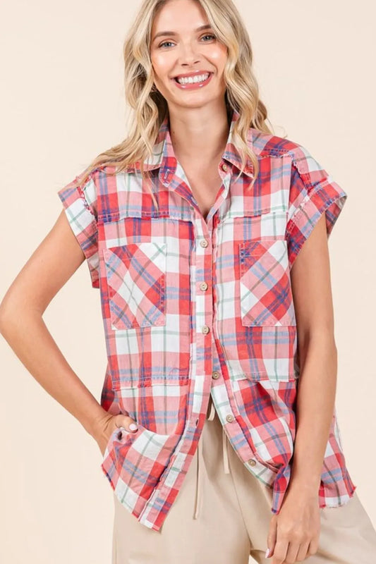 Mittoshop Mineral Wash Plaid Button Down Shirt - Premium Women's Down Shirt Tops from Trendsi - Just $51.26! Shop now at Handbags Specialist Headquarter