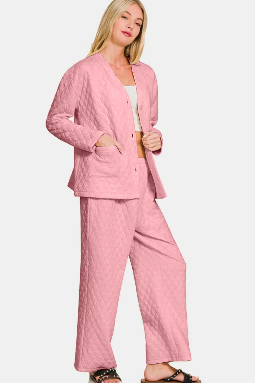 Zenana Quilted Button Up Long Sleeve Top and Pants Lounge Set - Premium Sleepwear from Trendsi - Just $46.99! Shop now at Handbags Specialist Headquarter