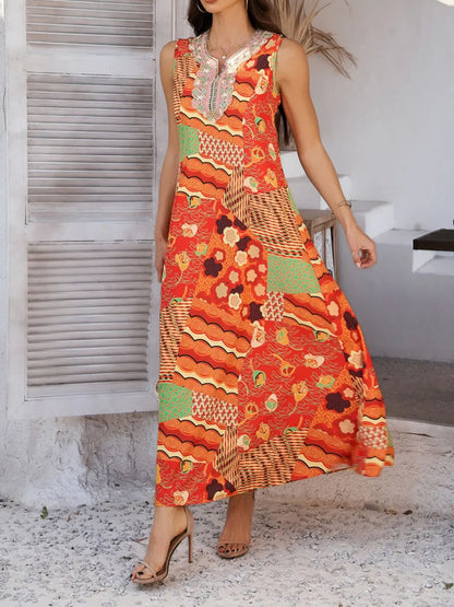Devine Printed Sleeveless Maxi Dress - Premium Maxi Dress from Trendsi - Just $28.99! Shop now at Handbags Specialist Headquarter