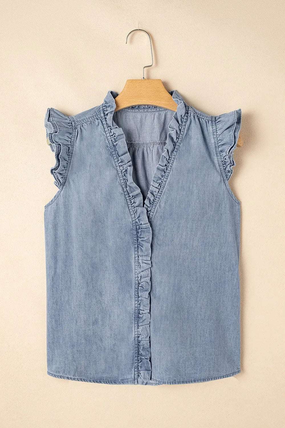 Frilly Ruffle Trim V Neck Chambray Tank - Premium Women / Jeans & Denim from Trendsi - Just $39.66! Shop now at Handbags Specialist Headquarter