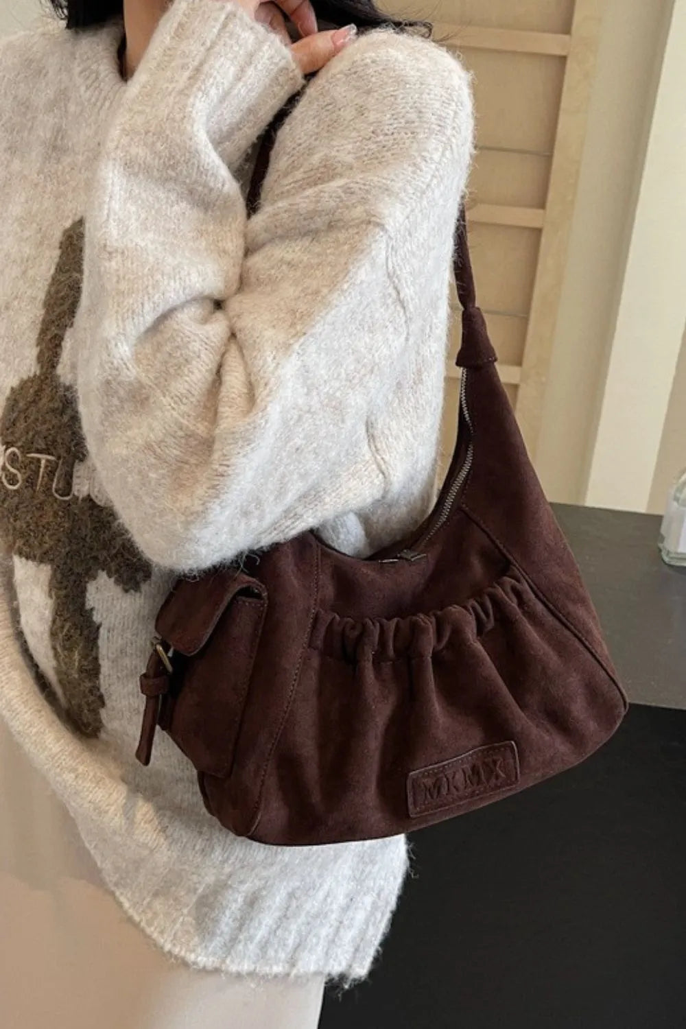 Ruched Suede Handbag with Zipper - Premium Tote Bag from Trendsi - Just $44.99! Shop now at Handbags Specialist Headquarter