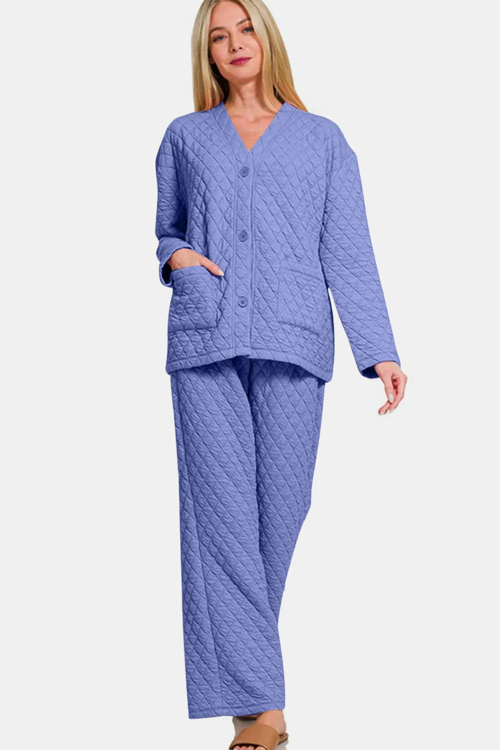 Zenana Quilted Button Up Long Sleeve Top and Pants Lounge Set - Premium Sleepwear from Trendsi - Just $46.99! Shop now at Handbags Specialist Headquarter