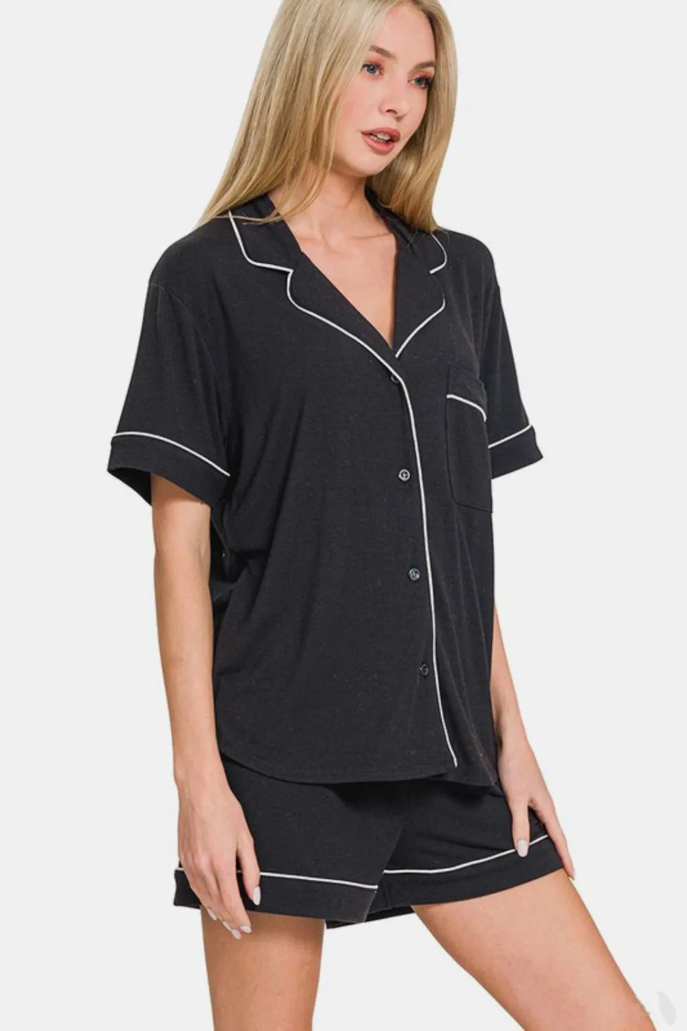 Zenana Button Down Short Sleeve Top and Shorts Lounge Set - Premium Sleepwear from Trendsi - Just $39.24! Shop now at Handbags Specialist Headquarter