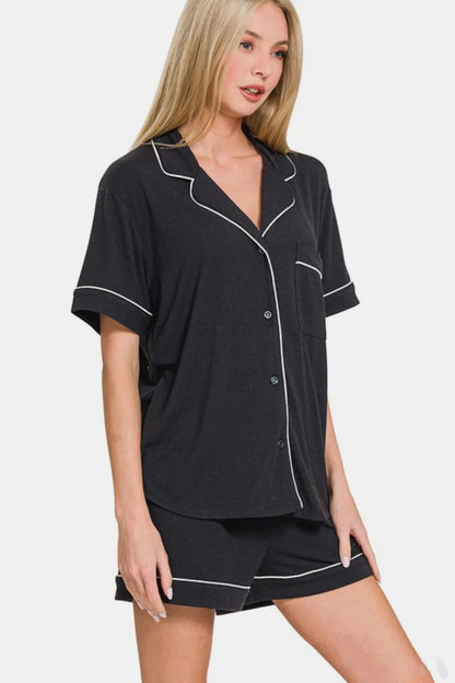 Zenana Button Down Short Sleeve Top and Shorts Lounge Set - Premium Sleepwear from Trendsi - Just $39.24! Shop now at Handbags Specialist Headquarter