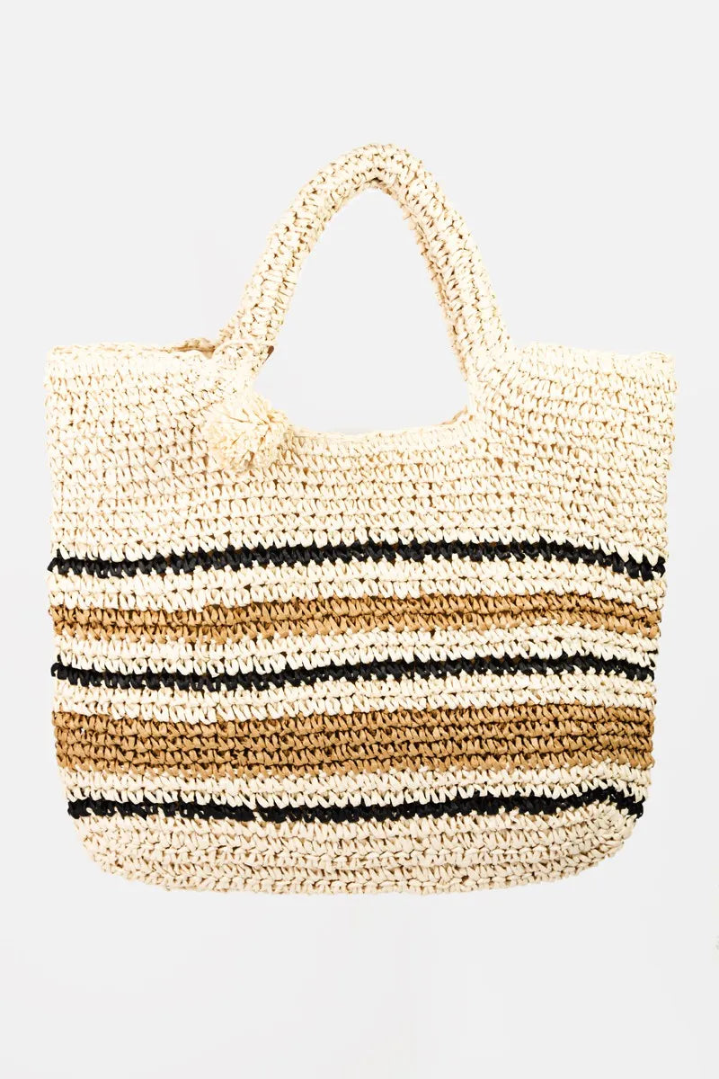Fame Striped Straw Braided Tote Bag - Premium Tote Bag from Trendsi - Just $43.99! Shop now at Handbags Specialist Headquarter