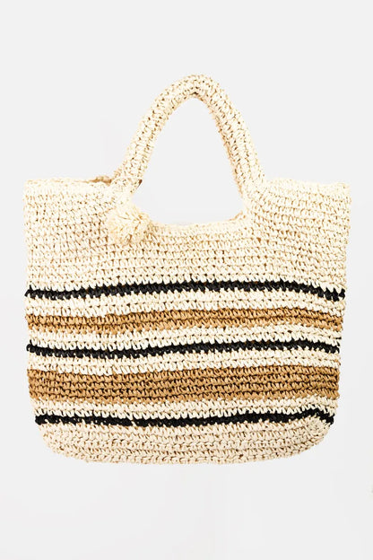 Fame Striped Straw Braided Tote Bag - Premium Tote Bag from Trendsi - Just $43.99! Shop now at Handbags Specialist Headquarter