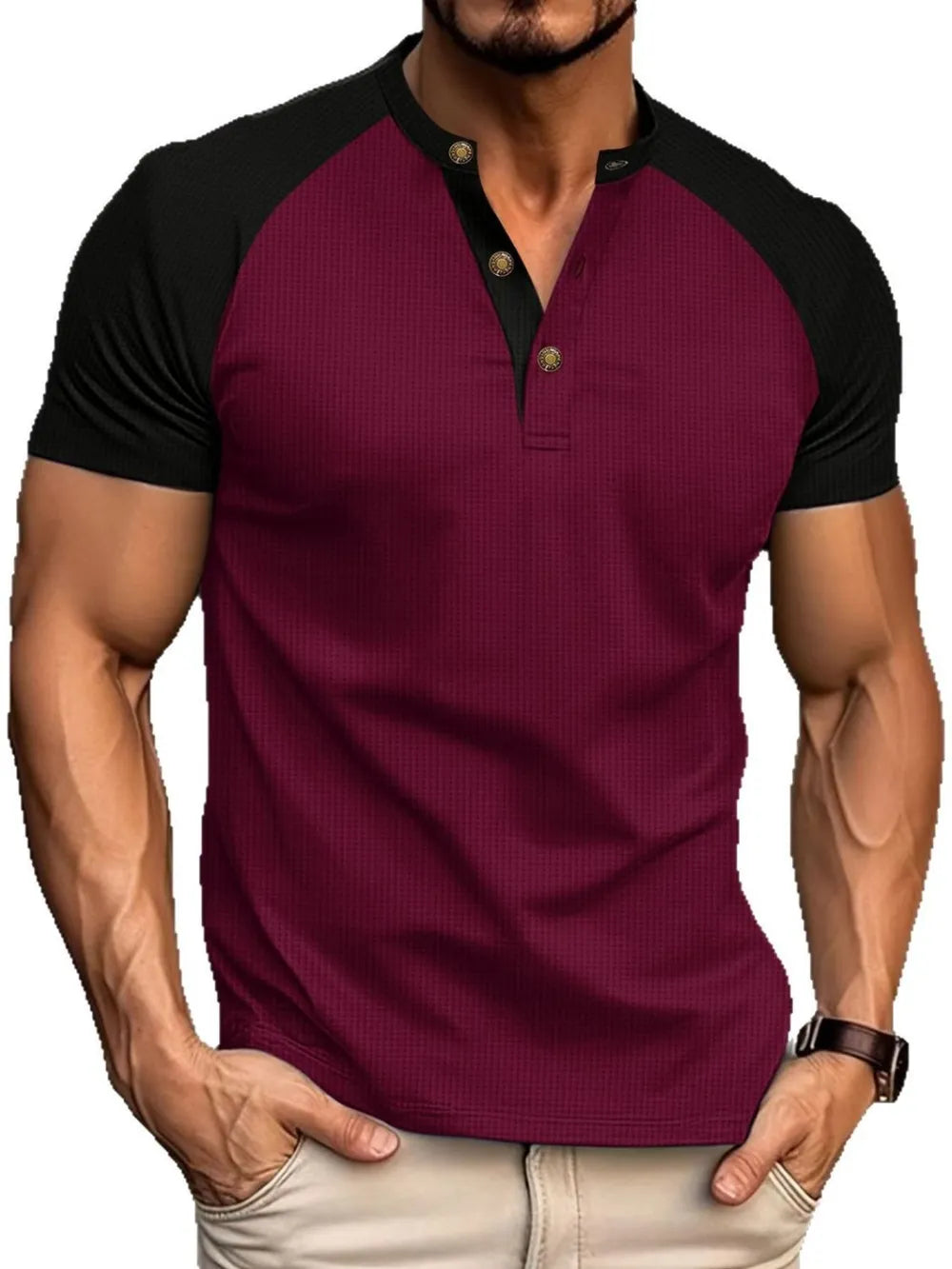 Men's Full Size Waffle-Knit Round Neck Contrast Polo Plus Size - Premium Men's Polo shirt from Trendsi - Just $30.99! Shop now at Handbags Specialist Headquarter