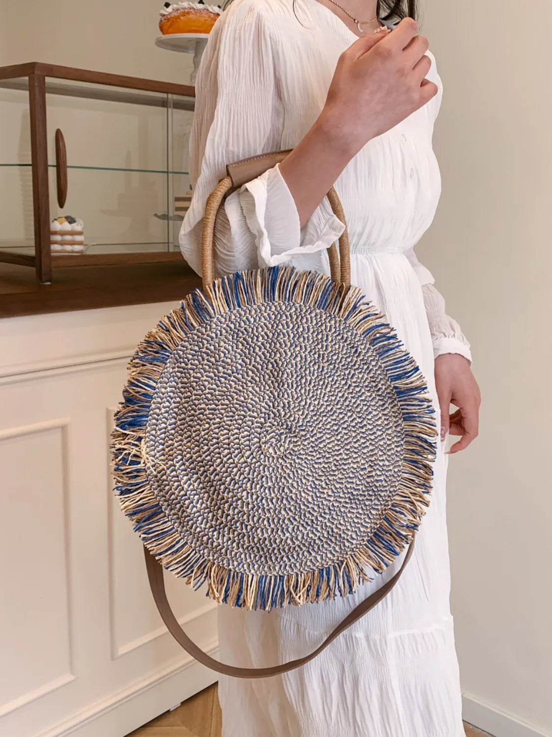 Round Woven Straw Tassel Handbag - Premium handbags from Trendsi - Just $45.99! Shop now at Handbags Specialist Headquarter