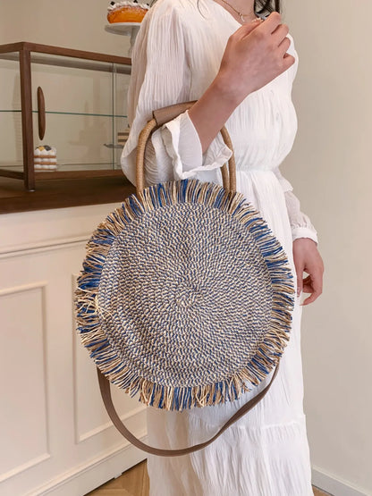 Round Woven Straw Tassel Handbag - Premium handbags from Trendsi - Just $45.99! Shop now at Handbags Specialist Headquarter