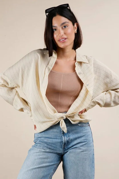 VERY J Full Size Oversized Striped Button Down Shirt Top Plus Size - Premium Women's Down Shirt Tops from Trendsi - Just $38.88! Shop now at Handbags Specialist Headquarter