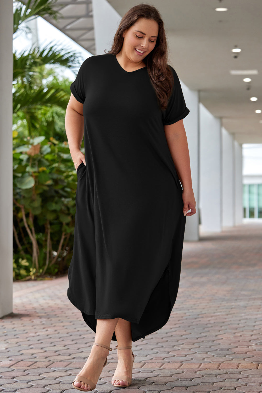 Plus Size V-Neck Short Sleeve Maxi Dress - Premium Dresses from Trendsi - Just $51.99! Shop now at Handbags Specialist Headquarter
