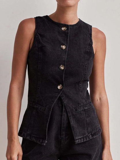 Button Down Denim Vest - Premium Women / Jeans & Denim from Trendsi - Just $34.56! Shop now at Handbags Specialist Headquarter
