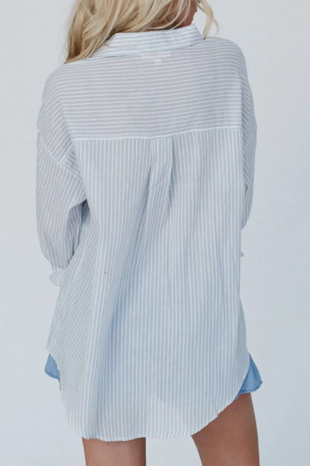 Frill Striped Collared Neck Long Sleeve Shirt - Premium Tops from Trendsi - Just $49.92! Shop now at Handbags Specialist Headquarter