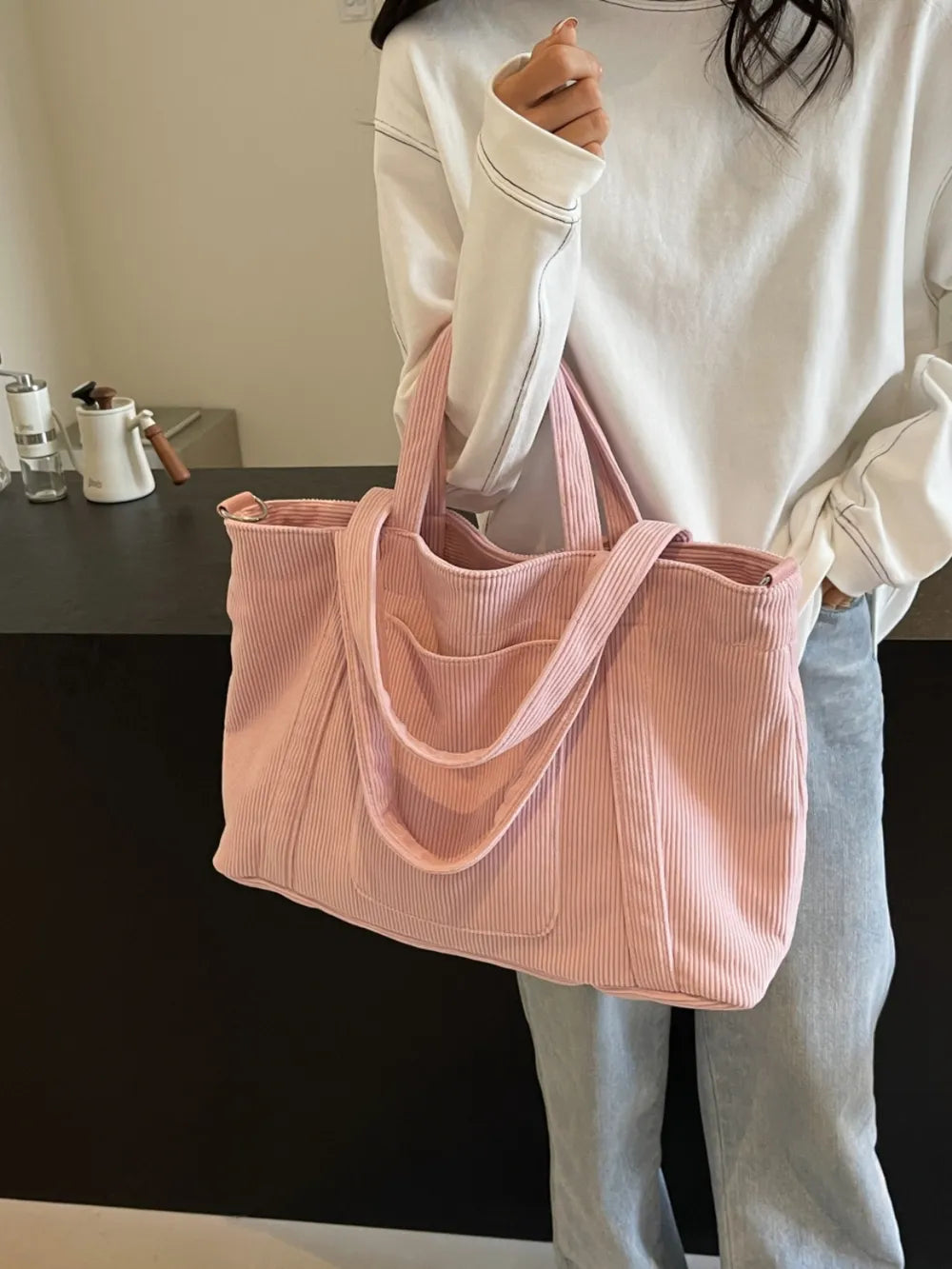 Corduroy Solid Large Tote Bag - Premium Tote Bag from Trendsi - Just $39.99! Shop now at Handbags Specialist Headquarter