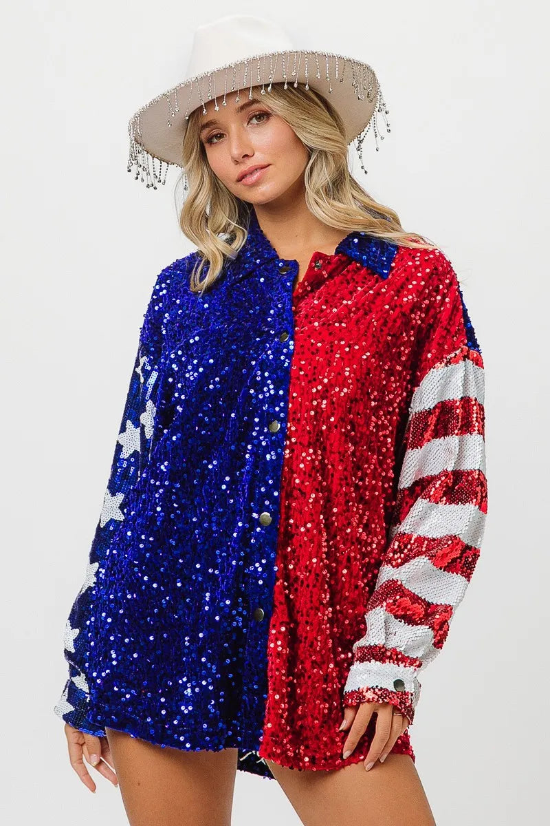 BiBi American Flag Sequin Snap Down Shirt - Premium Women / Jeans & Denim from Trendsi - Just $64.30! Shop now at Handbags Specialist Headquarter