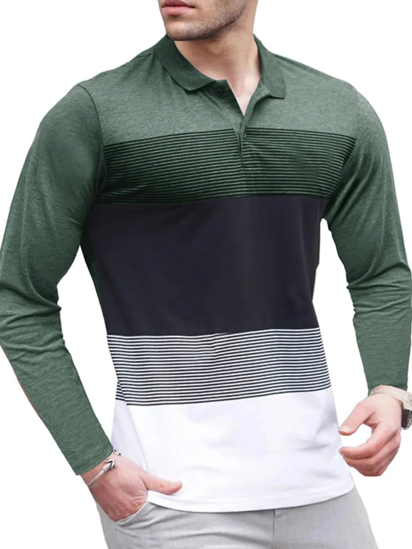 Men's Color Block Striped Long Sleeve Polo Shirt - Premium Men's Polo shirt from Trendsi - Just $39.99! Shop now at Handbags Specialist Headquarter