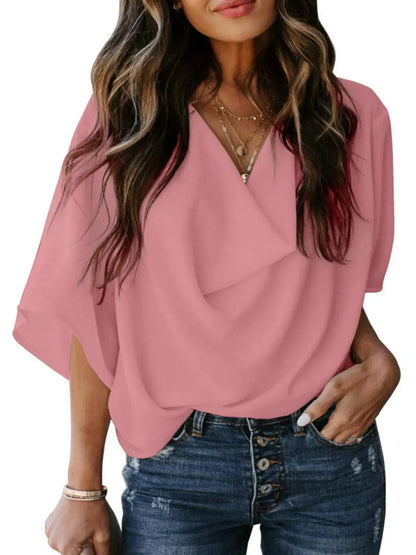 Full Size Ruched Three-Quarter Sleeve Blouse Plus Size.