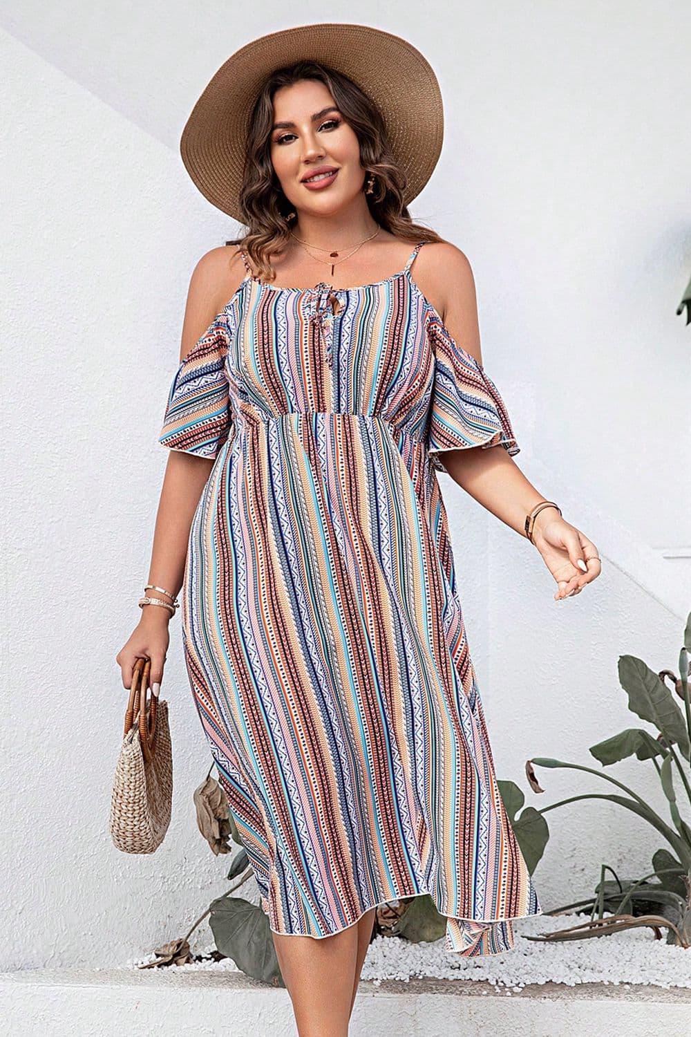 Plus Size Striped Cold-Shoulder Dress - Premium Dresses from Trendsi - Just $45.99! Shop now at Handbags Specialist Headquarter