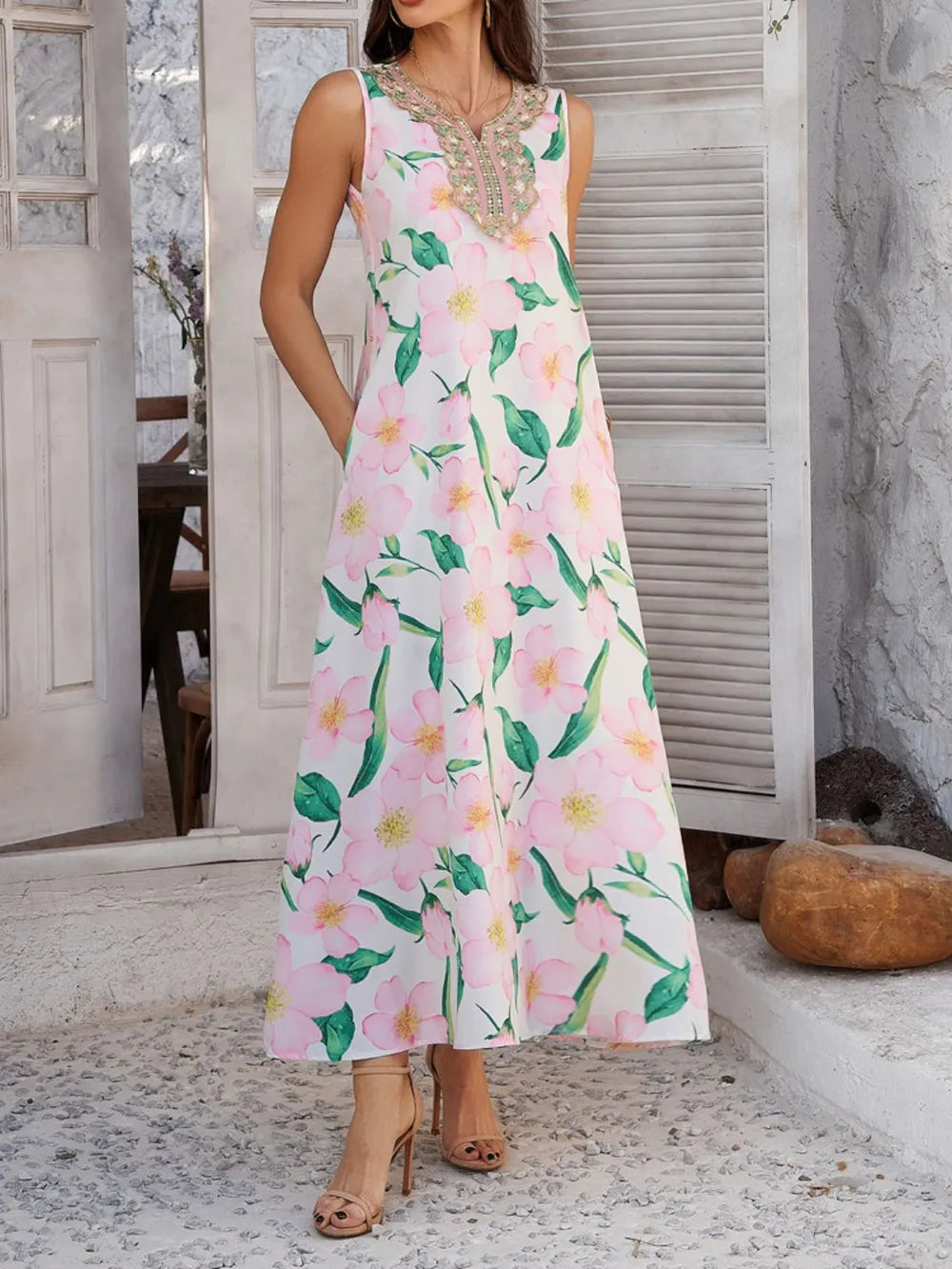 Devine Printed Sleeveless Maxi Dress - Premium Maxi Dress from Trendsi - Just $28.99! Shop now at Handbags Specialist Headquarter
