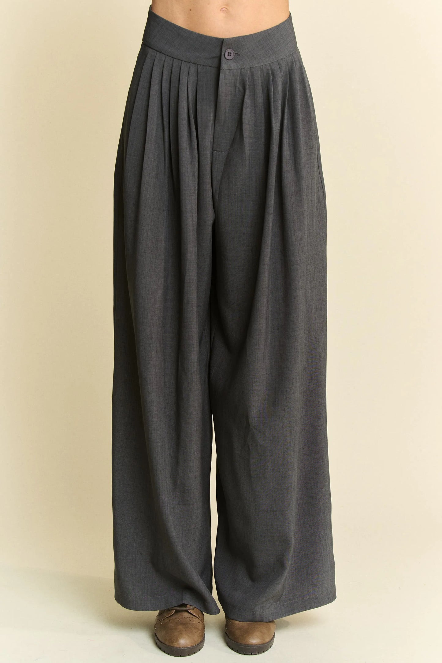 Davi & Dani Solid Back Pocket Shirring Detail Wide Leg Pants - Premium Women Pants from Trendsi - Just $57.99! Shop now at Handbags Specialist Headquarter