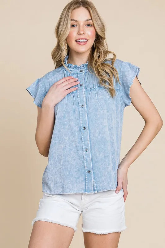 Lime 'N' Chili Mineral Wash Flutter Sleeve Button Down Shirt - Premium Women / Jeans & Denim from Trendsi - Just $40.98! Shop now at Handbags Specialist Headquarter