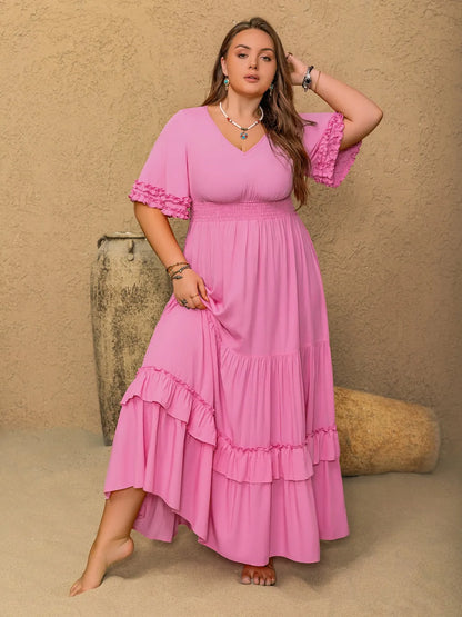 Plus Size V-Neck Half Sleeve Maxi Dress - Premium Dresses from Trendsi - Just $48.99! Shop now at Handbags Specialist Headquarter