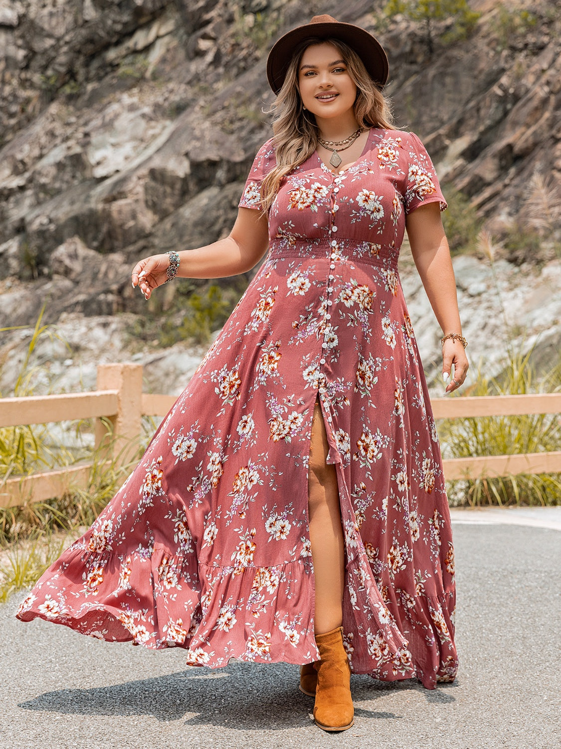 Plus Size Floral Slit Ruffle Hem Dress - Premium Dresses from Trendsi - Just $60.99! Shop now at Handbags Specialist Headquarter