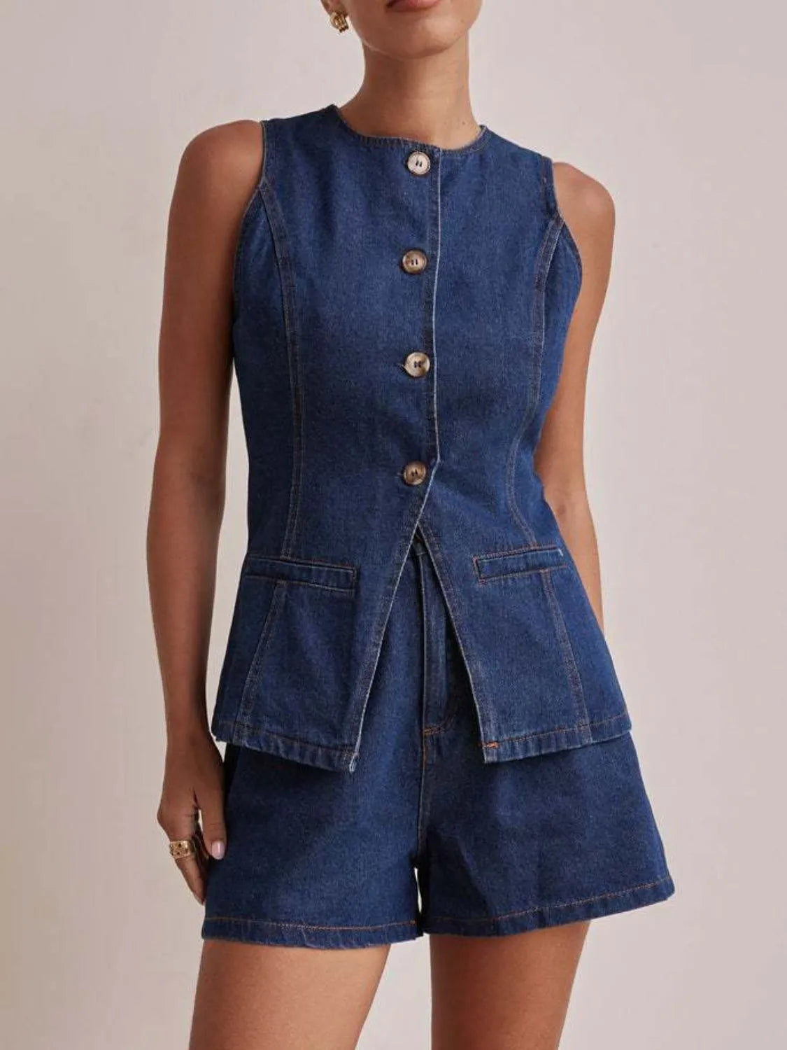 Button Down Vest and Shorts Denim Set - Premium Women / Jeans & Denim from Trendsi - Just $65.12! Shop now at Handbags Specialist Headquarter