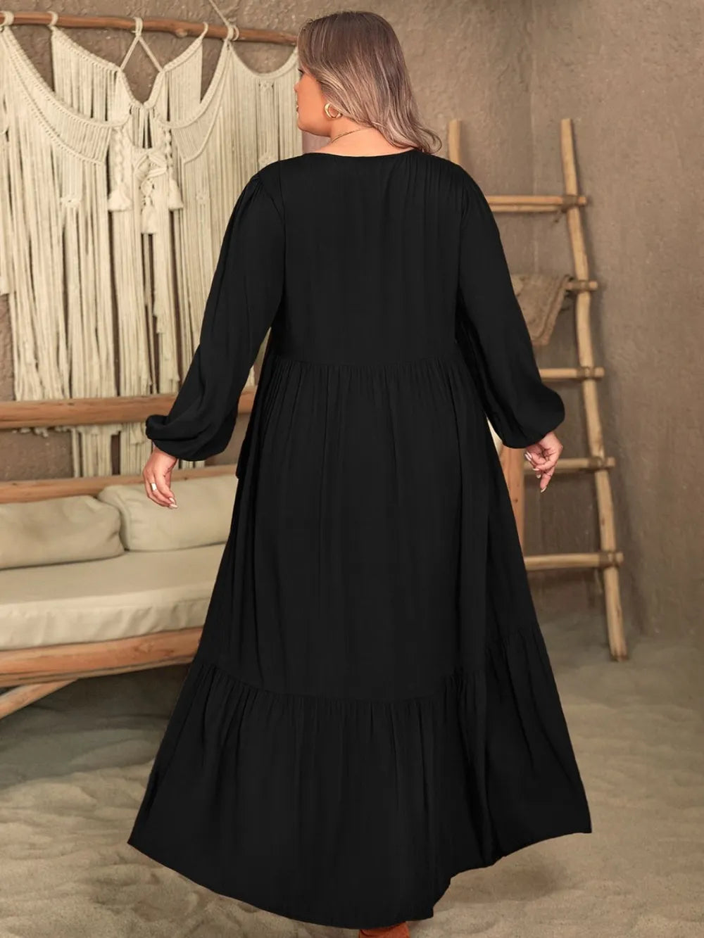 Plus Size Ruffled V-Neck Long Sleeve Dress - Premium Dresses from Trendsi - Just $46.99! Shop now at Handbags Specialist Headquarter