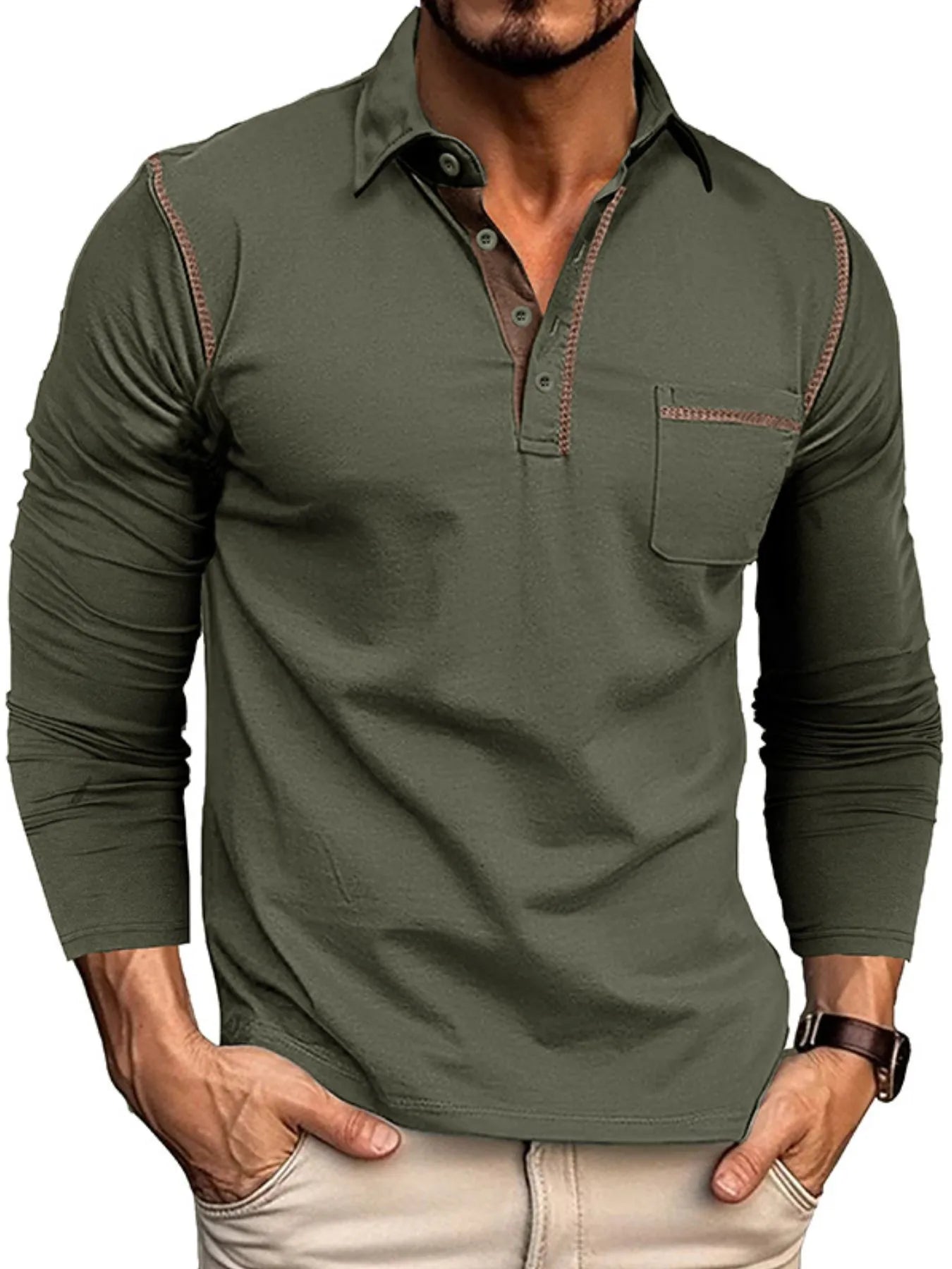 Men's Long Sleeve Polo Shirt with Contrast Stitching - Premium Men's Polo shirt from Trendsi - Just $39.99! Shop now at Handbags Specialist Headquarter