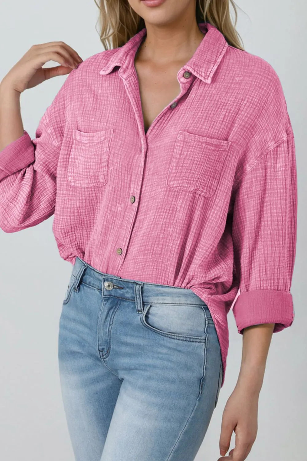 Button Down Collared Neck Long Sleeve Shirt - Premium Women's Down Shirt Tops from Trendsi - Just $52.98! Shop now at Handbags Specialist Headquarter