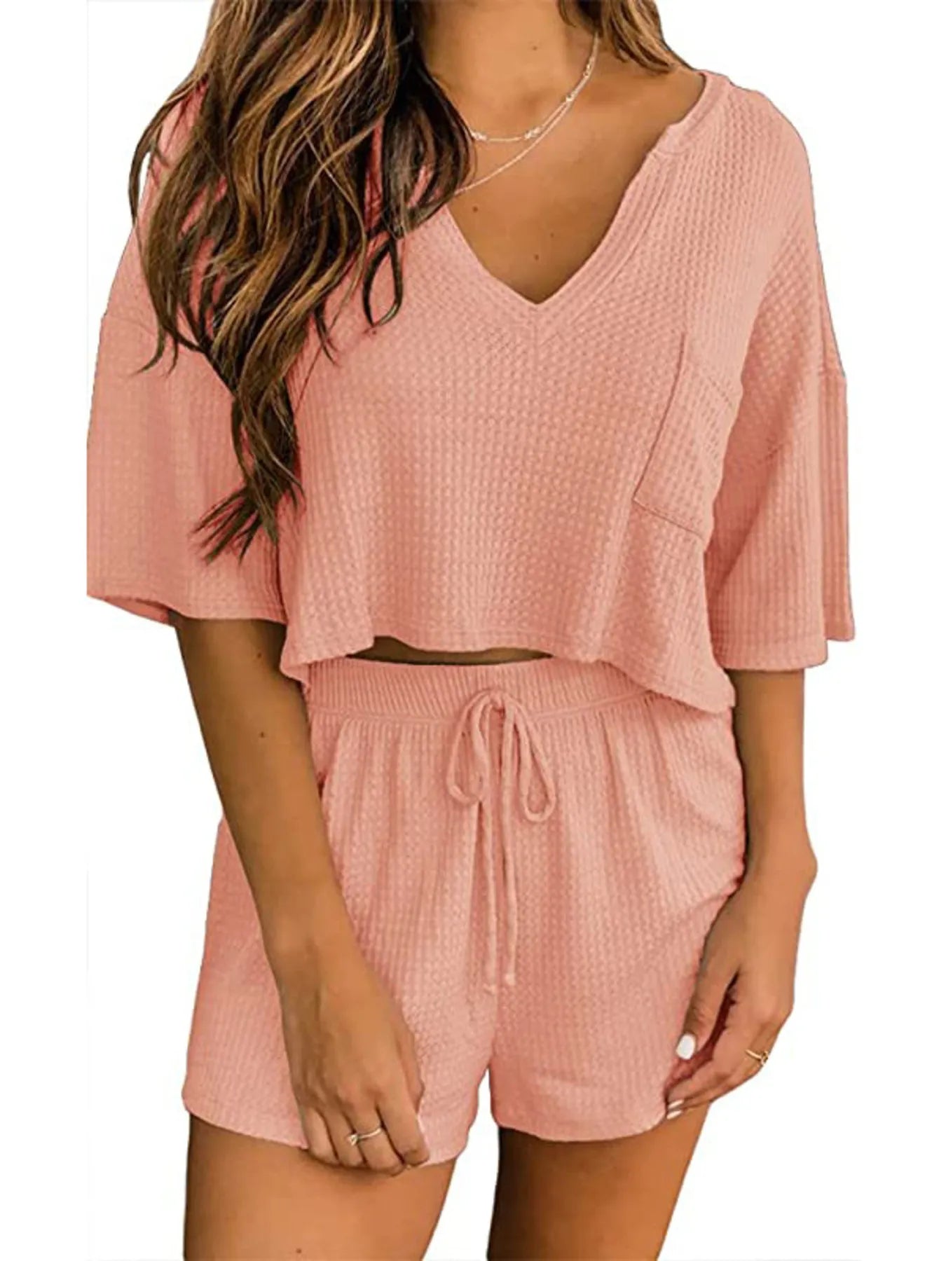Waffle Knit Top and Shorts Lounge Set - Premium Sleepwear from Trendsi - Just $29.99! Shop now at Handbags Specialist Headquarter