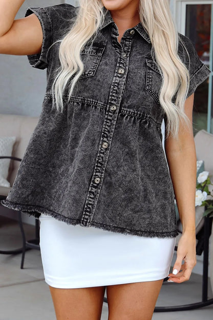 Short Sleeve Flap Pocket Button Up Raw Hem Denim Shirt - Premium Women / Jeans & Denim from Trendsi - Just $47.70! Shop now at Handbags Specialist Headquarter