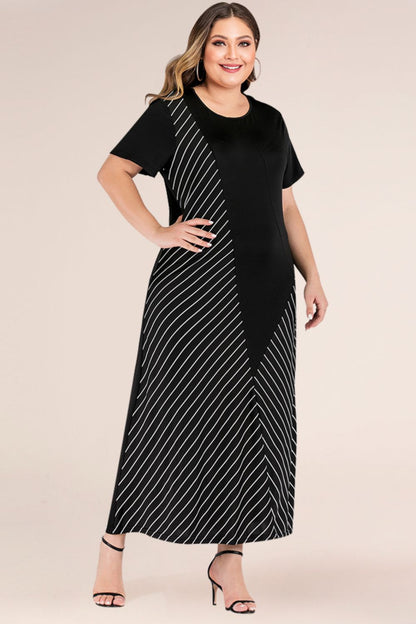 Plus Size Striped Color Block Tee Dress - Premium Dresses from Trendsi - Just $35.99! Shop now at Handbags Specialist Headquarter